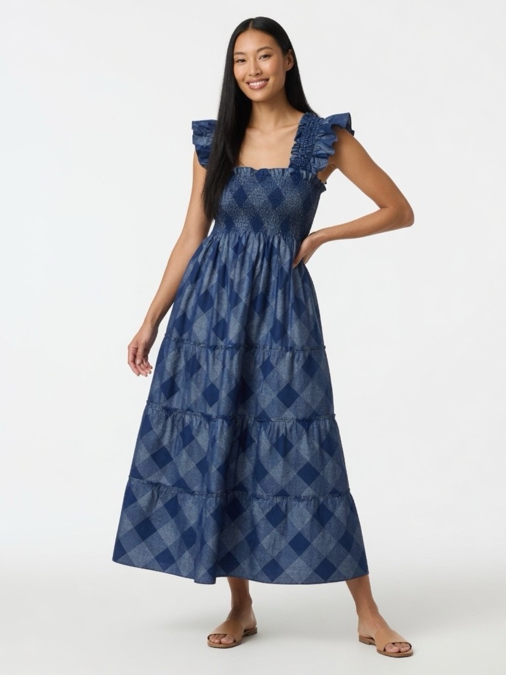 Hill House Ellie Nap in Navy Glitter Check Plaid Smocked Midi Dress